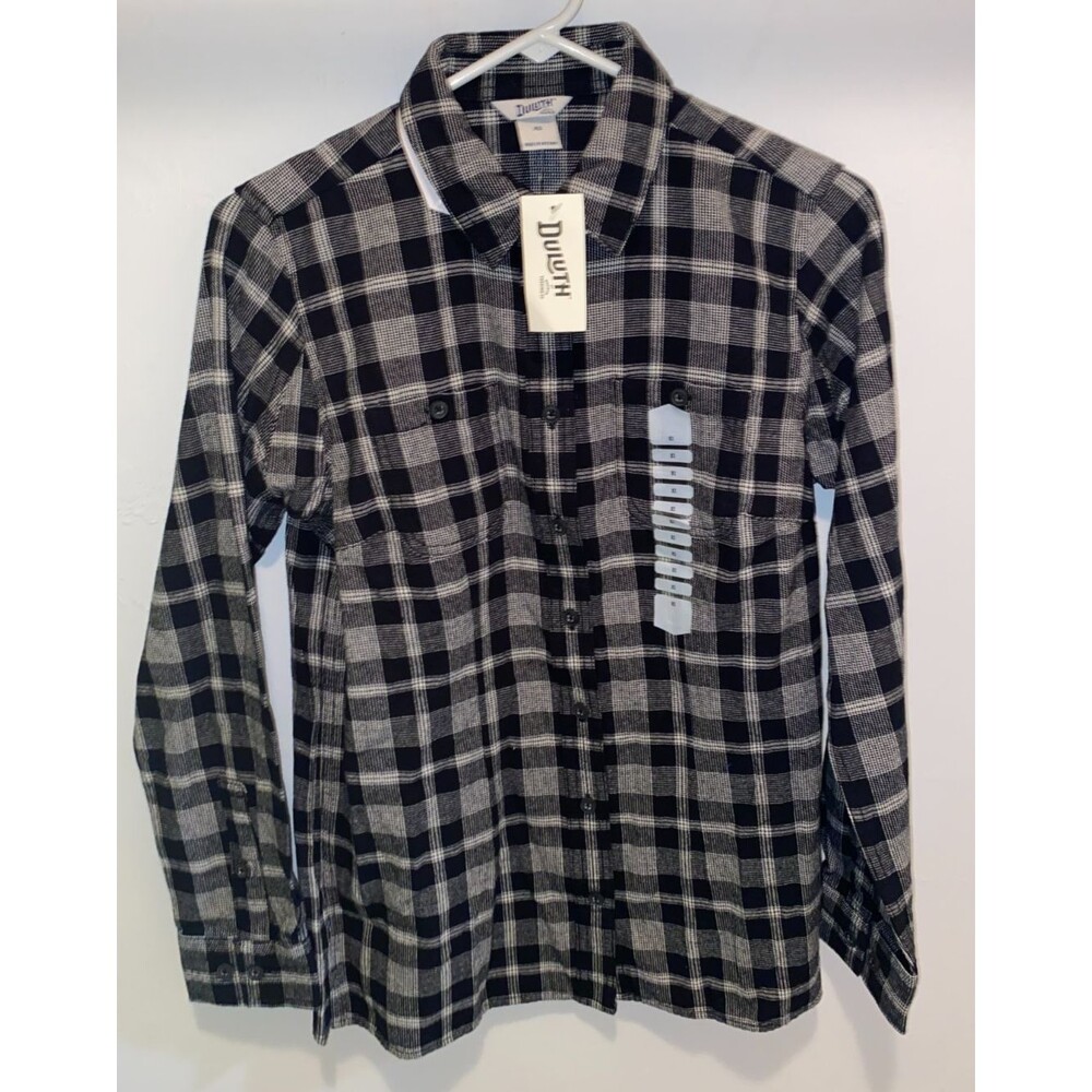 Duluth Trading Shirt Womens XS Black Gray Plaid Free Swingin Flannel Top NWT